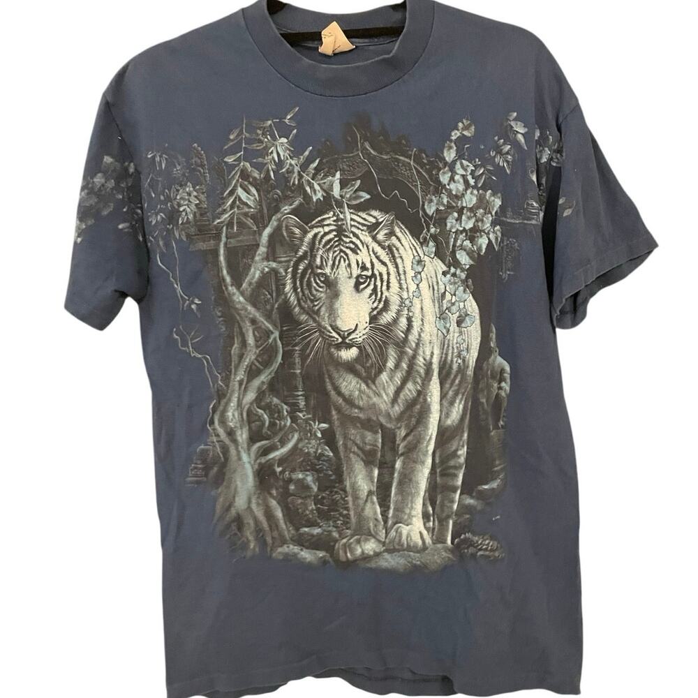 Vintage 90s White Tiger Nature Single Stitch Shirt Adult Medium